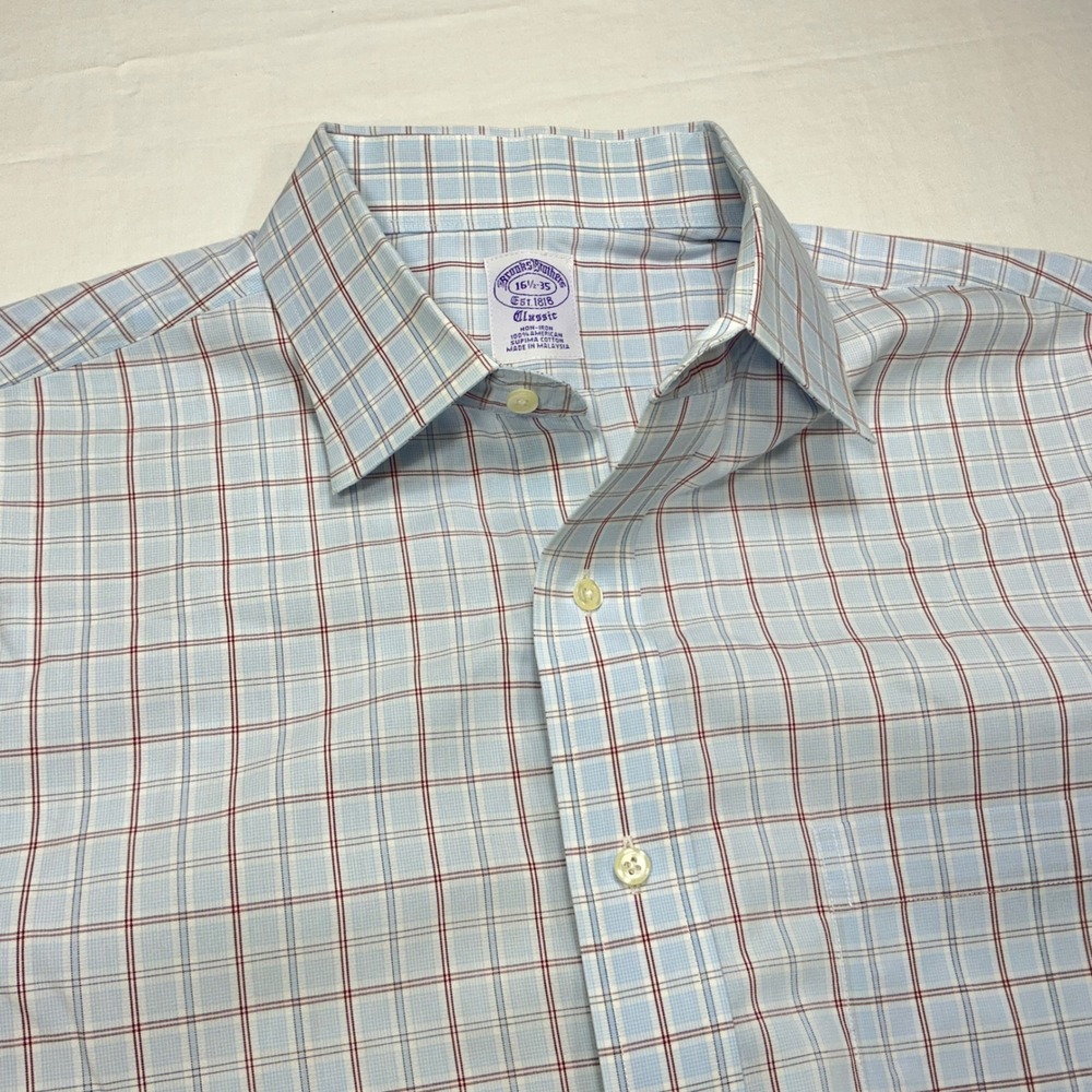 Brooks Brothers Classic Fit Light Blue Red Plaid Button Down‎ Shirt 16 1/2 35